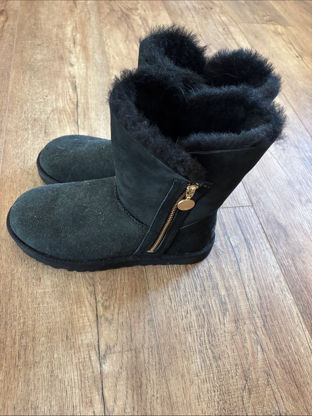 UGG Black Suede-Look Faux Fur Zip Winter Boots - Picture 4 of 5